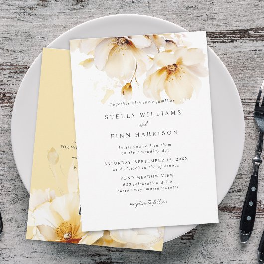 Elegante Bloemen Wit Geel Goud QR Code Trouwen Kaart