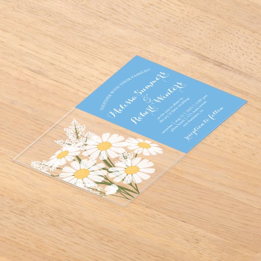 Elegante Bloemen Witte Daisies Boeket Bruiloftsbla Acryl Uitnodigingen (Laagn)