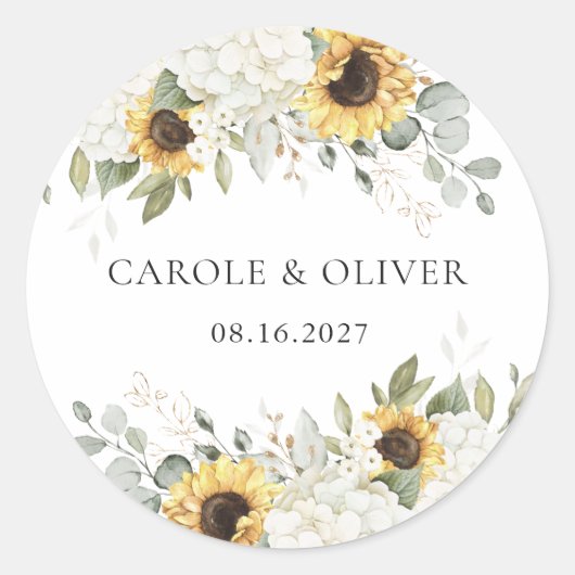 Elegante Bloemen Witte Hydrangea Zonnebloemen Brui Ronde Sticker (Voorkant)