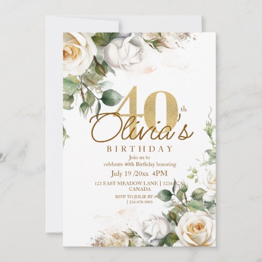 Elegante Bloemen Witte Rozen & Goud 40e Verjaardag Kaart (Voorkant)