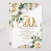 Elegante Bloemen Witte Rozen & Goud 70e Verjaardag Kaart (Voorkant / Achterkant)