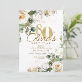 Elegante Bloemen Witte Rozen & Goud 80ste Verjaard Kaart (Staand voorkant)