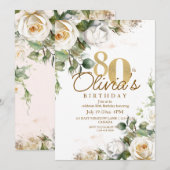 Elegante Bloemen Witte Rozen & Goud 80ste Verjaard Kaart (Voorkant / Achterkant)
