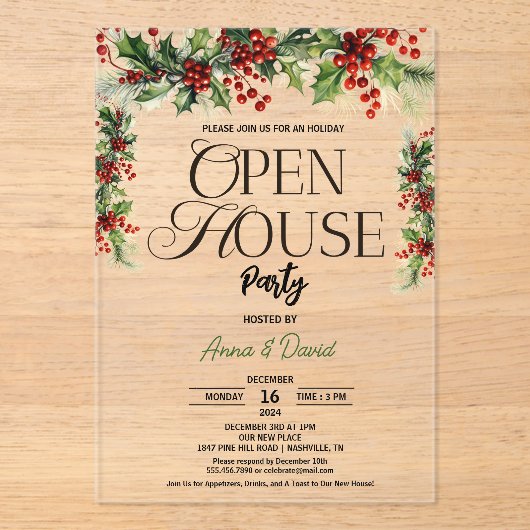 Elegante Bloemen Xmas Holly Kerstmis Open Huis Acryl Uitnodigingen (Voorkant)