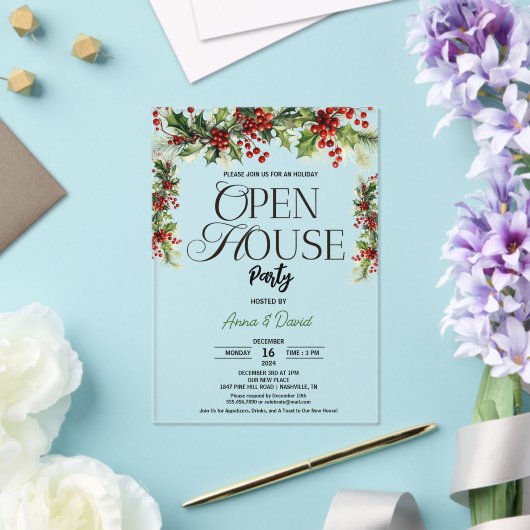 Elegante Bloemen Xmas Holly Kerstmis Open Huis Acryl Uitnodigingen (Insitu (Huwelijk))