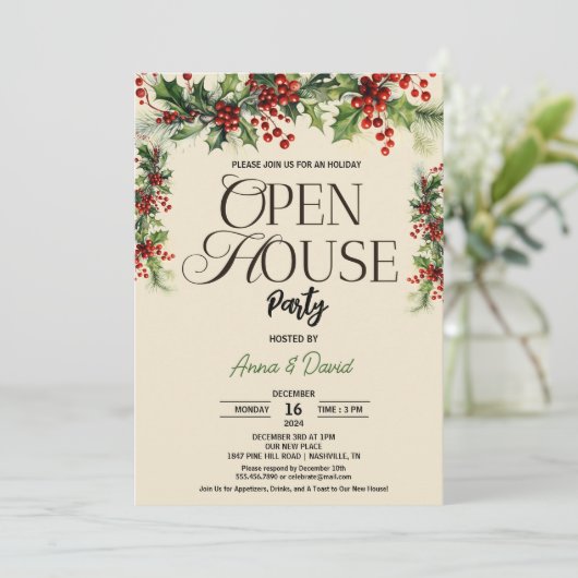 Elegante Bloemen Xmas Holly Kerstmis Open Huis Kaart (Staand voorkant)