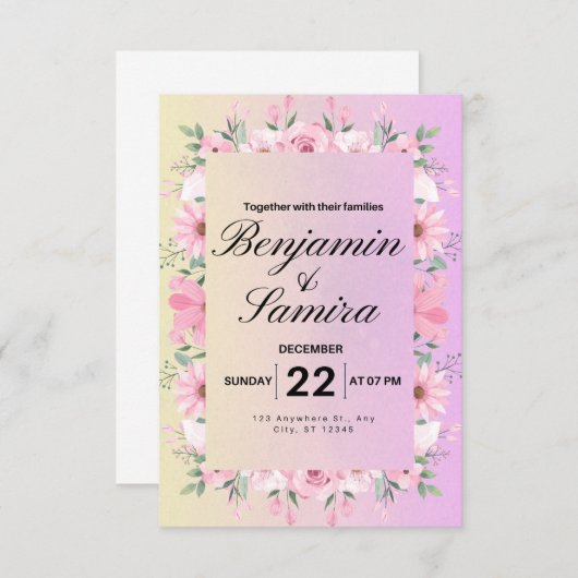 Elegante Bloemen zacht roze pastel Uitnodiging voo (Voorkant / Achterkant)