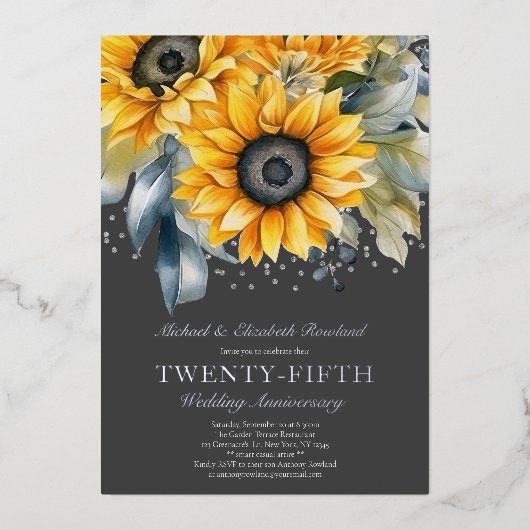 Elegante Bloemen Zilver 25e bruiloft Jubileum Folie Uitnodiging (Voorkant)