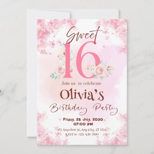 Elegante Bloemen Zoete 16e verjaardag Uitnodiging (Voorkant)