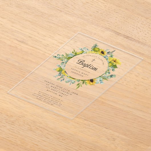 Elegante Bloemen Zonnebloem Krans Meisje Doop Acryl Uitnodigingen (Laagn)