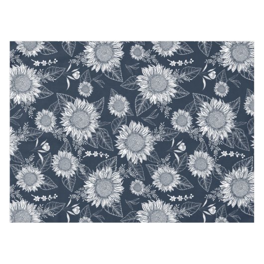 Elegante Bloemen Zonnebloem Marine Blauw Wit Tafel Tafelkleed (Voorkant (Horizontaal))