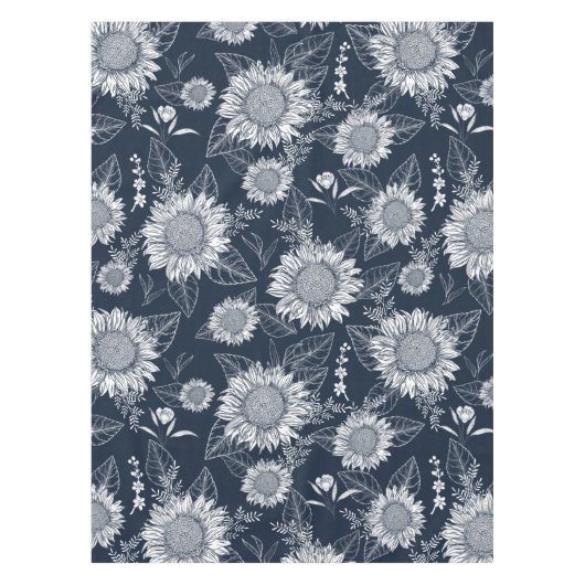 Elegante Bloemen Zonnebloem Marine Blauw Wit Tafel Tafelkleed (Voorkant)