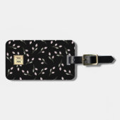Elegante Bloemen Zwart en Goud Glanzend Monogram Bagagelabel (Voorkant horizontaal)