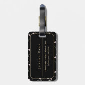 Elegante Bloemen Zwart en Goud Glanzend Monogram Bagagelabel (Achterkant verticaal)