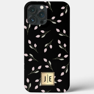 Elegante Bloemen Zwart en Goud Glanzend Monogram Case-Mate iPhone Case