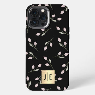 Elegante Bloemen Zwart en Goud Glanzend Monogram iPhone 13 Pro Max Hoesje