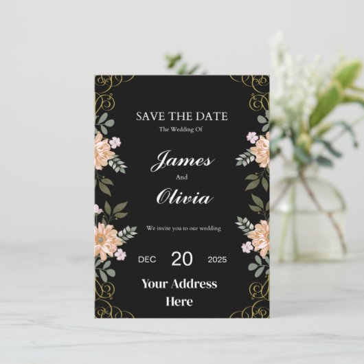 Elegante Bloemen Zwart en Goud Huwelijksuitnodigin Kaart (Staand voorkant)