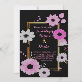 Elegante Bloemen Zwart en Roze bruiloft Uitnodigin Kaart