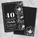 Elegante bloemen zwart en wit 40e verjaardag kaart<br><div class="desc">Introductie van een chique en elegante uitnodiging voor een 40e verjaardagsfeestje, perfect om veertig jaar oud in stijl te vieren. Het ontwerp heeft een elegante zwarte achtergrond, waardoor een verfijnde zwart-witte look ontstaat. Delicate anemoon bloemlijn kunst loopt langs de rechterkant, het toevoegen van een vleugje elegantie. Hoewel dit anemonenbloemen zijn,...</div>