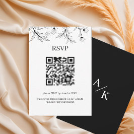 Elegante Bloemen Zwart en Wit Trouwen QR-code RSVP Kaartje
