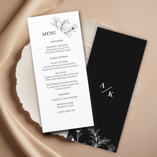 Elegante Bloemen Zwart en Wit Trouwmenu Menu