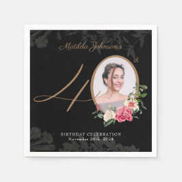 Elegante Bloemen Zwart Goud Custom 40e Verjaardag Servet
