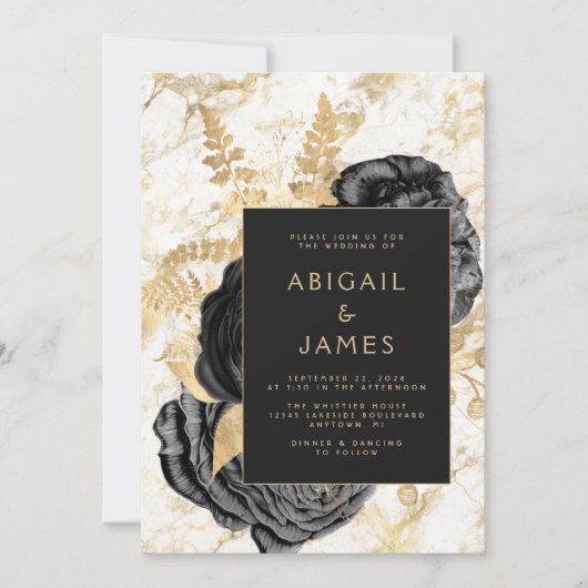 Elegante Bloemen Zwart Goud Wit Marmeren bruiloft Kaart (Voorkant)