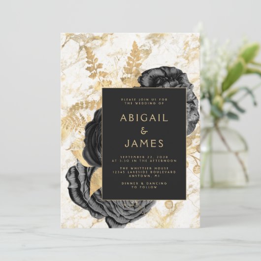 Elegante Bloemen Zwart Goud Wit Marmeren bruiloft Kaart (Staand voorkant)