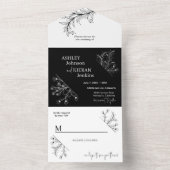 Elegante Bloemen Zwart-wit bruiloft All In One Uitnodiging (Binnen)
