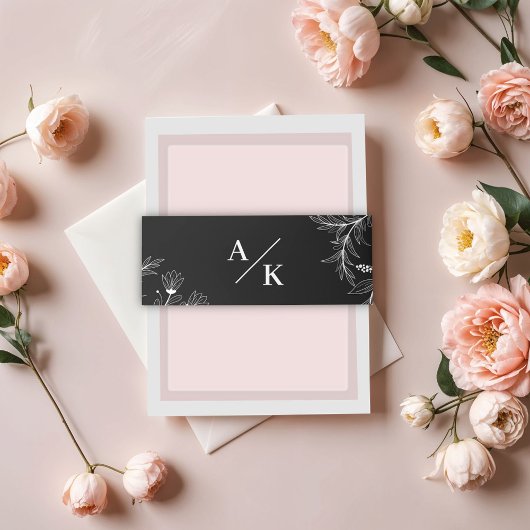 Elegante Bloemen Zwart-wit bruiloft Uitnodigingen Wikkel