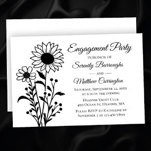 Elegante Bloemen Zwart Wit Engagement Party Kaart