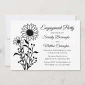 Elegante Bloemen Zwart Wit Engagement Party Kaart (Voorkant)