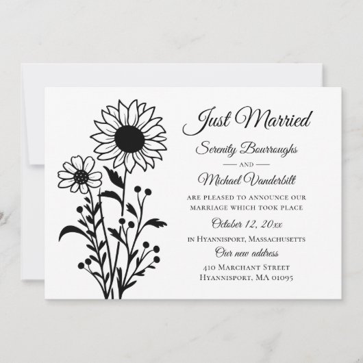 Elegante Bloemen Zwart Wit Net Getrouwd Trouwen Aankondiging (Voorkant)