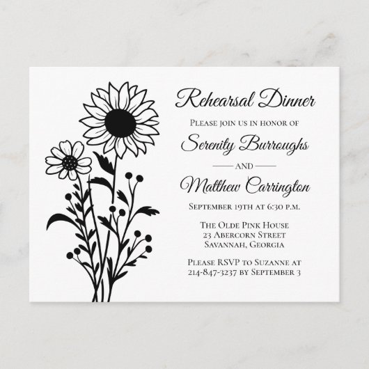 Elegante Bloemen Zwart Wit Repetitie diner Uitnodiging Briefkaart (Voorkant)