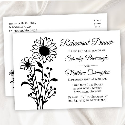Elegante Bloemen Zwart Wit Repetitie diner Uitnodiging Briefkaart