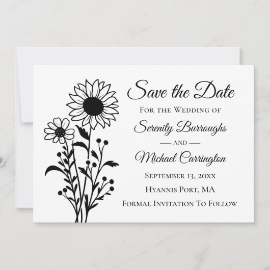 Elegante Bloemen Zwart Wit Save the Date Wedding Aankondiging (Voorkant)