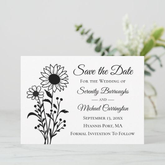 Elegante Bloemen Zwart Wit Save the Date Wedding Aankondiging (Staand voorkant)
