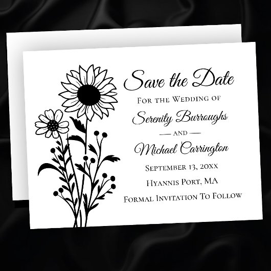 Elegante Bloemen Zwart Wit Save the Date Wedding Aankondiging