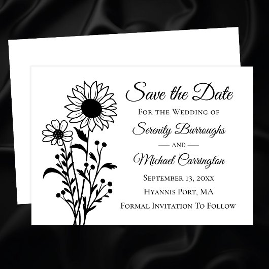 Elegante Bloemen Zwart Wit Save the Date Wedding Aankondiging