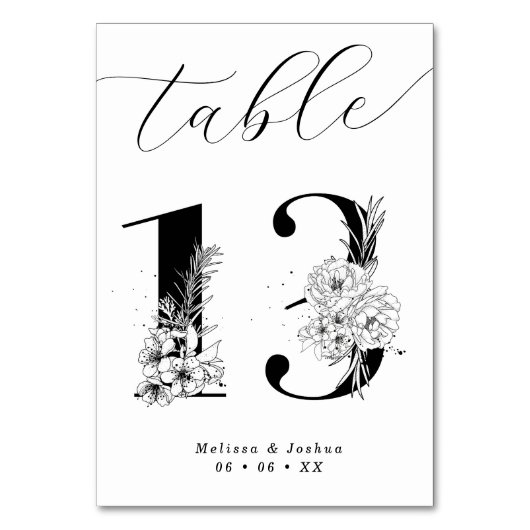 Elegante Bloemen Zwart & Wit Tafel 13 Kaart (Voorkant)