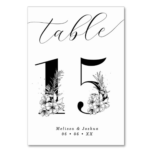 Elegante Bloemen Zwart & Wit Tafel 15 Kaart (Voorkant)