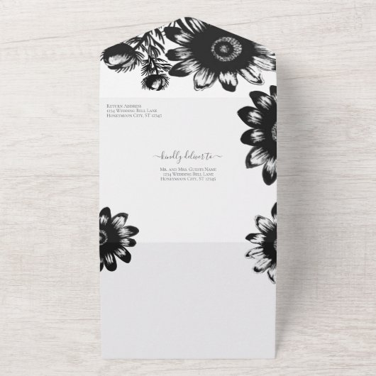 Elegante Bloemen Zwart-wit Zonnebloem All In One Uitnodiging (Buitenkant)
