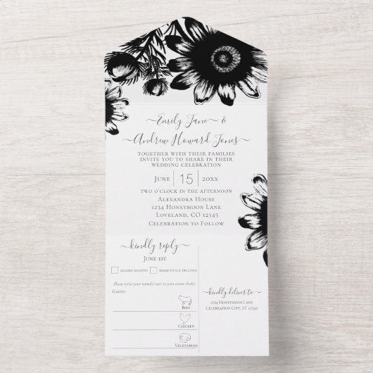 Elegante Bloemen Zwart-wit Zonnebloem All In One Uitnodiging (Binnen)