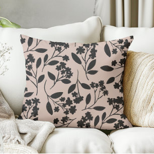 Elegante Bloemen Zwarte Bloemen op Dusty Pink Kussen