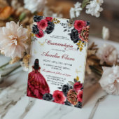 Elegante Bloemen Zwarte en Rode Quinceanera Kaart