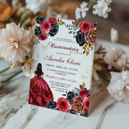 Elegante Bloemen Zwarte en Rode Quinceanera Kaart