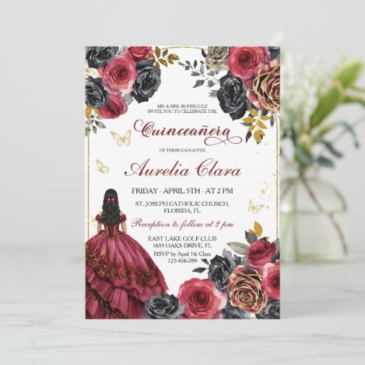 Elegante Bloemen Zwarte en Rode Quinceanera Kaart (Staand voorkant)