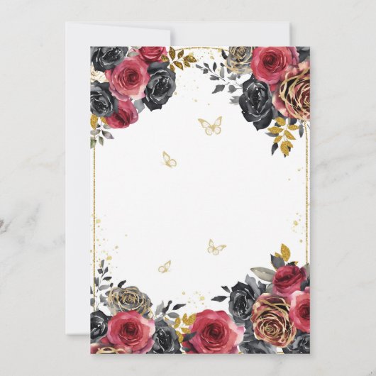Elegante Bloemen Zwarte en Rode Quinceanera Kaart (Achterkant)