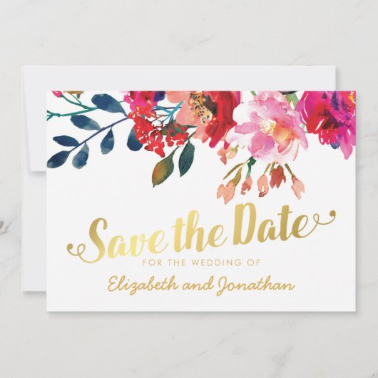 Elegante bloemenaquarel in witgoud Save the Date (Voorkant)