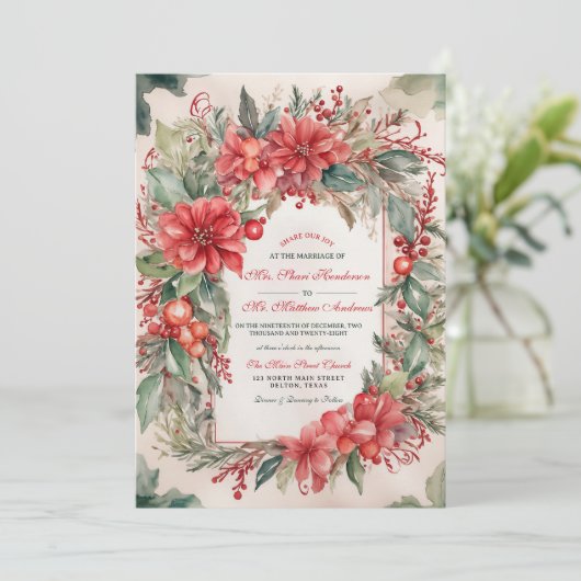 Elegante bloemenbessen Kerstgeïnspireerde bruiloft Kaart (Staand voorkant)
